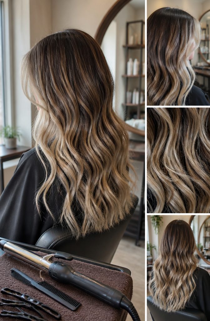 Wavy hair with bright icy blonde money pieces and dark roots