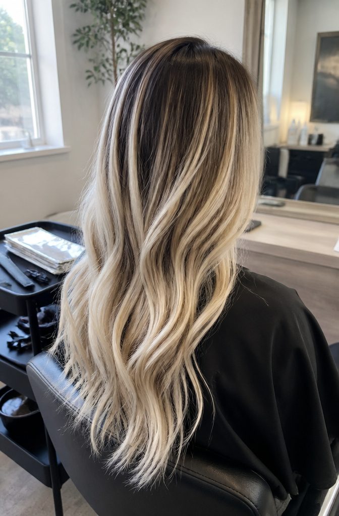 Dark-rooted hair with chunky vanilla blonde ribbons through the lengths