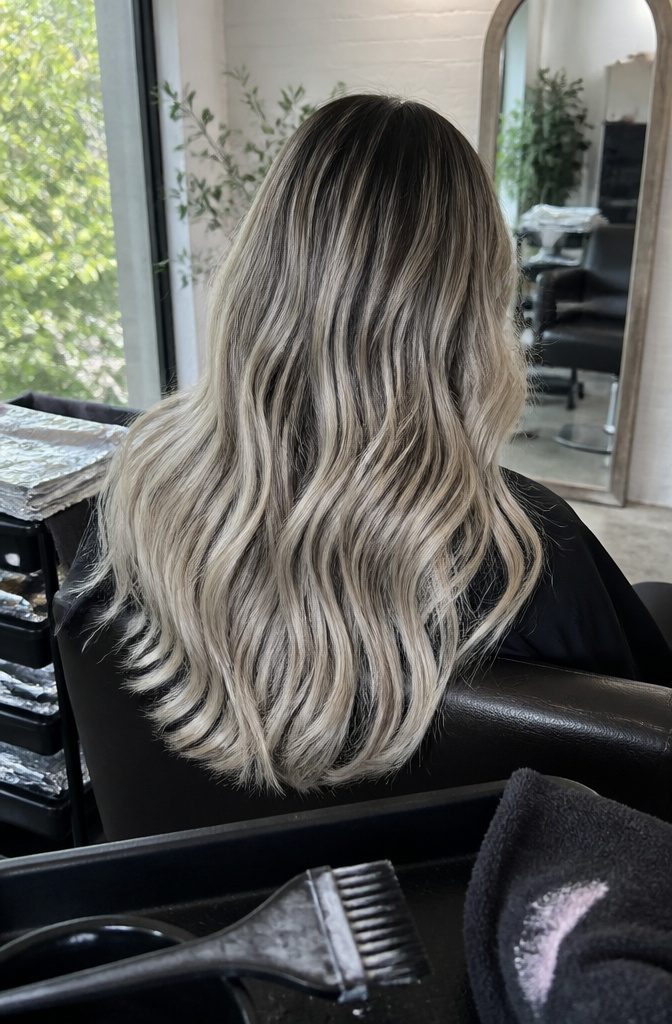 Long wavy brown hair with cool white blonde balayage ribbons