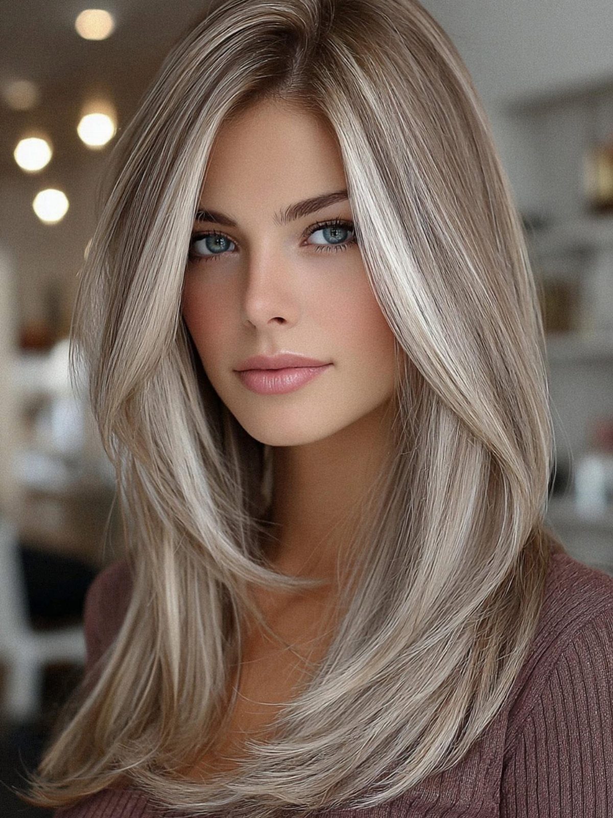Woman with long blonde-gray layered waves and darker lowlights