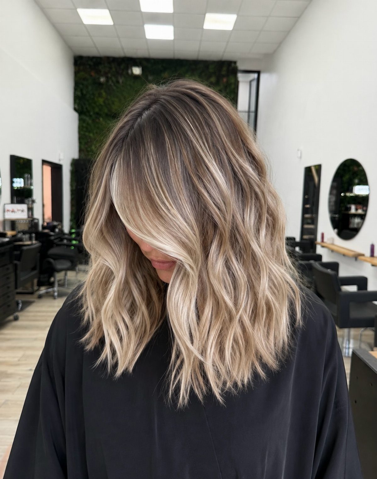 Wavy dimensional blonde balayage with darker lowlights in a salon