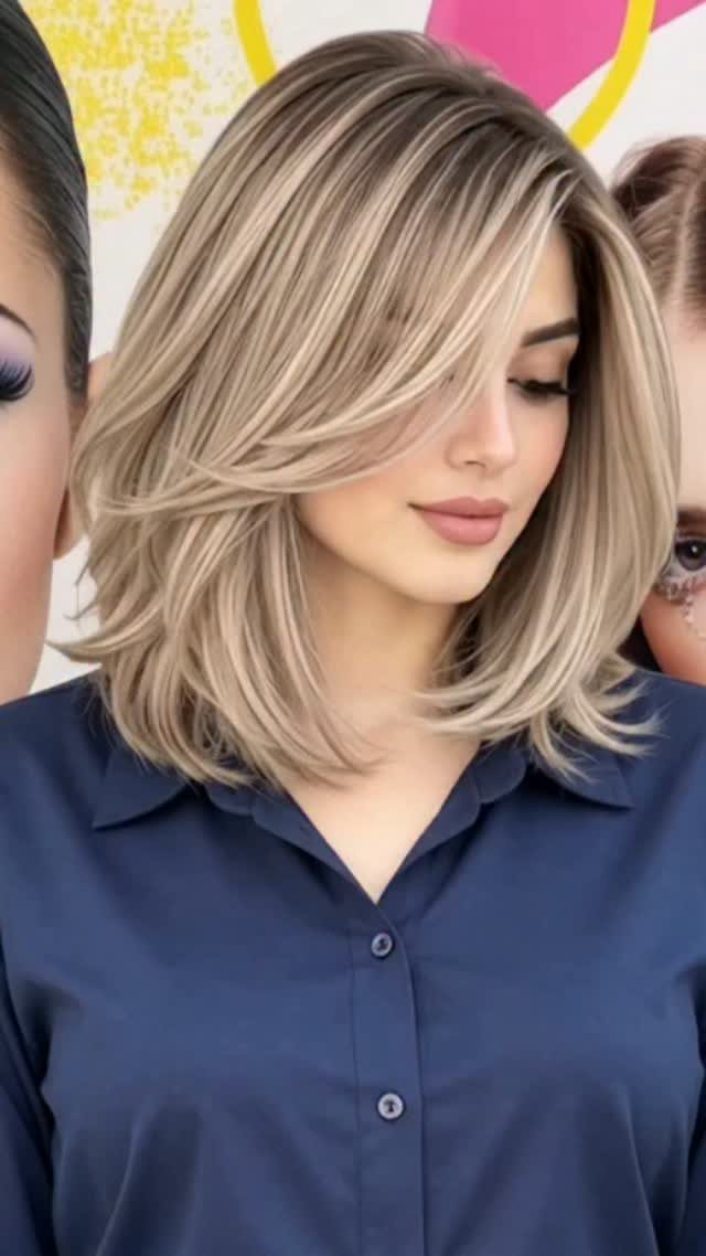 Woman showing a layered blonde bob with darker lowlights and side-swept bangs