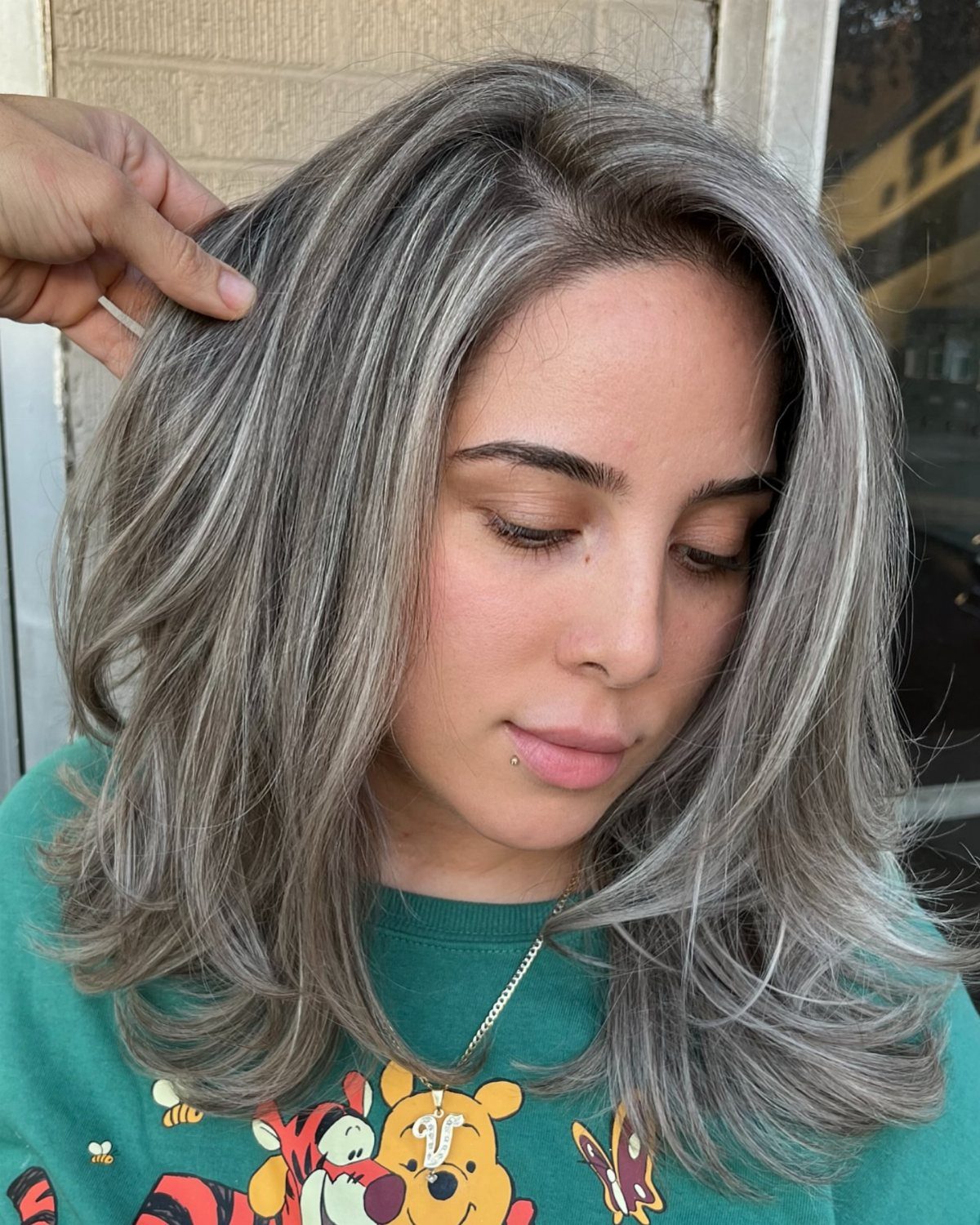 Brunette woman with silver highlights blending gray strands through her shoulder-length hair