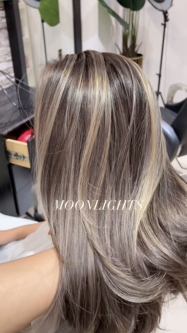 Long brown hair with fine, subtle blonde highlights in a salon