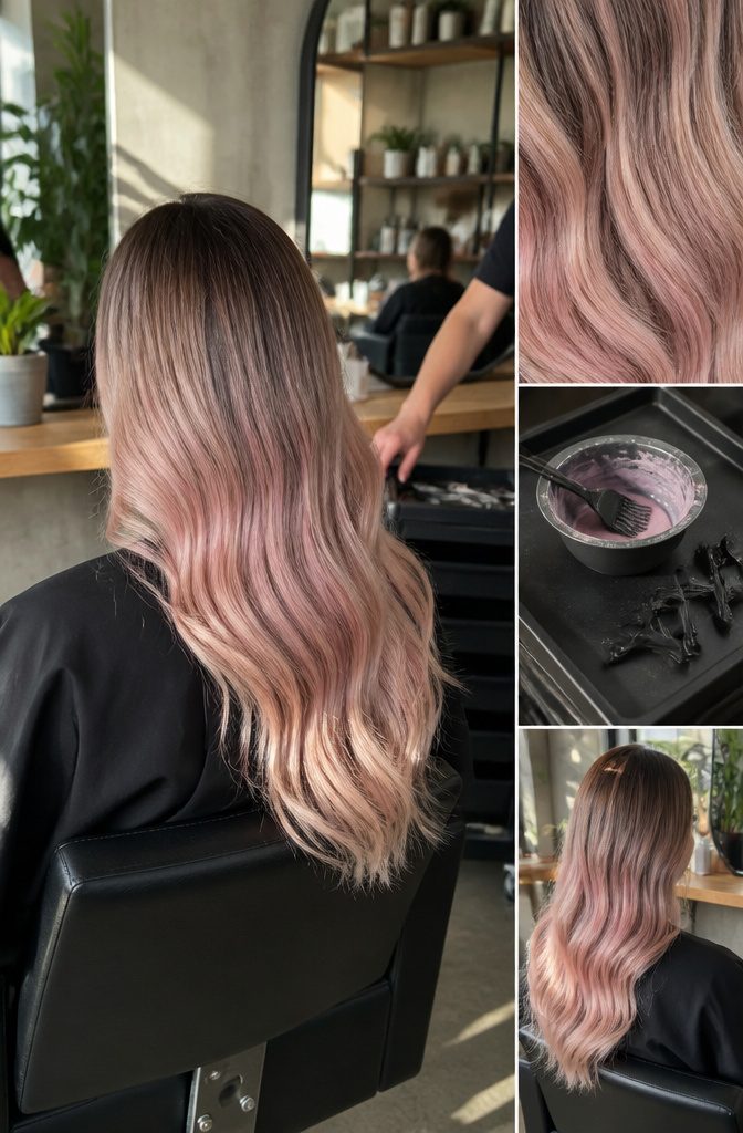 Dark roots fading into blonde hair with soft pink lengths