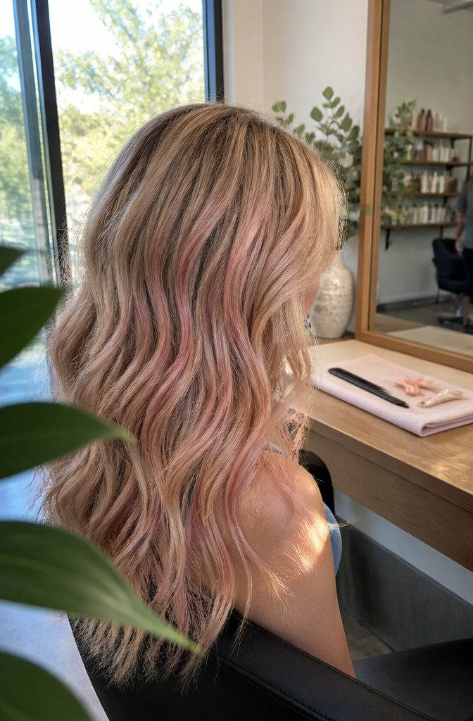 Blonde hair with a smoky muted pink wash and natural texture
