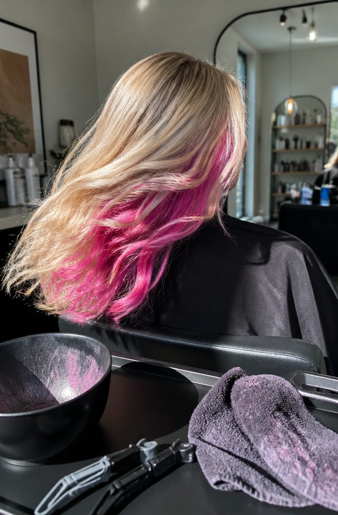 Pale blonde top layer with pink fuchsia and magenta streaks underneath