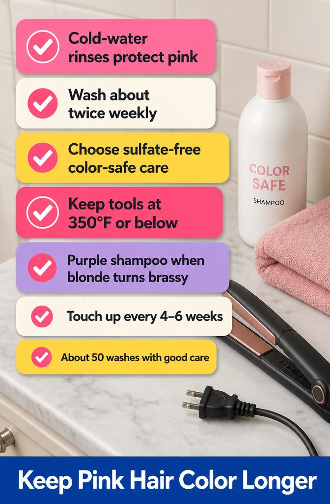 Pink hair care graphic with washing and heat styling guidance