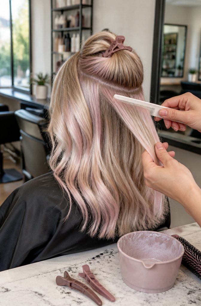 Blonde hair with soft blush pink face-framing pieces