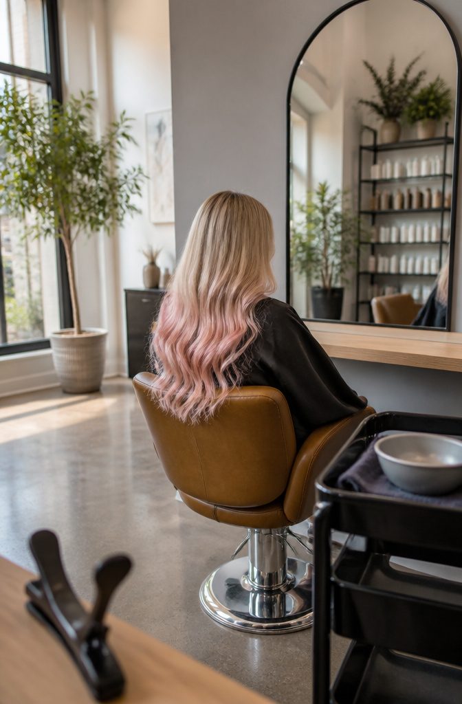 Blonde hair fading gradually into soft pink through the lengths