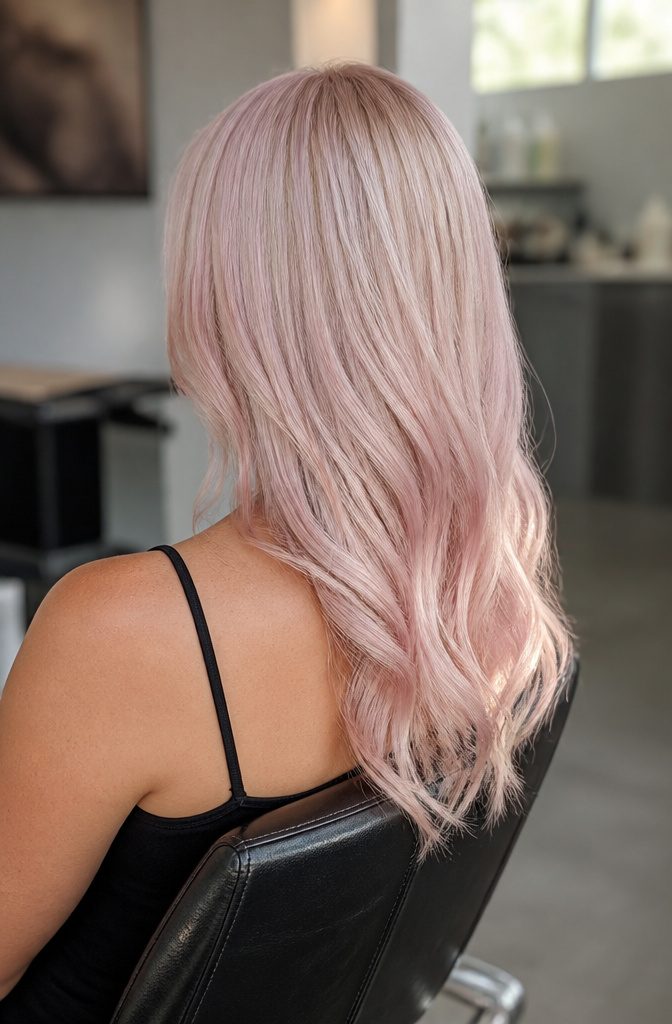 Pale platinum hair with a metallic blush pink tint