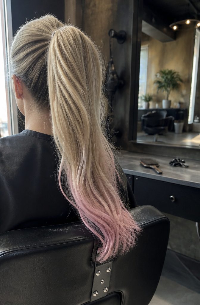 High ponytail with frosted pink ends against cool blonde hair
