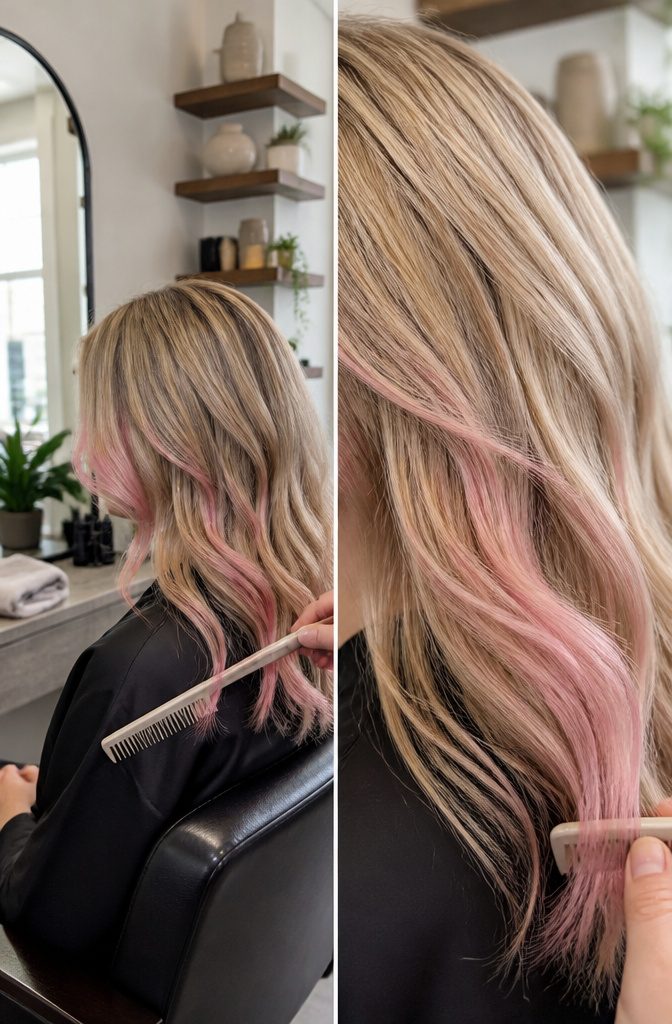Blonde hair with pink streaks beside the jawline and cheekbones