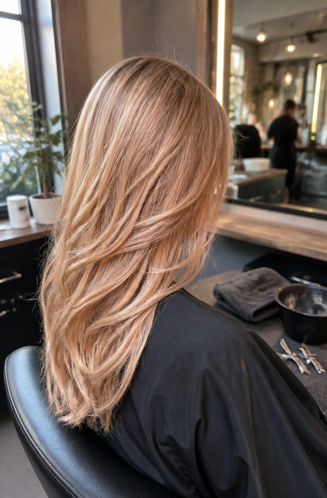 Medium blonde hair with peach and muted rose strands