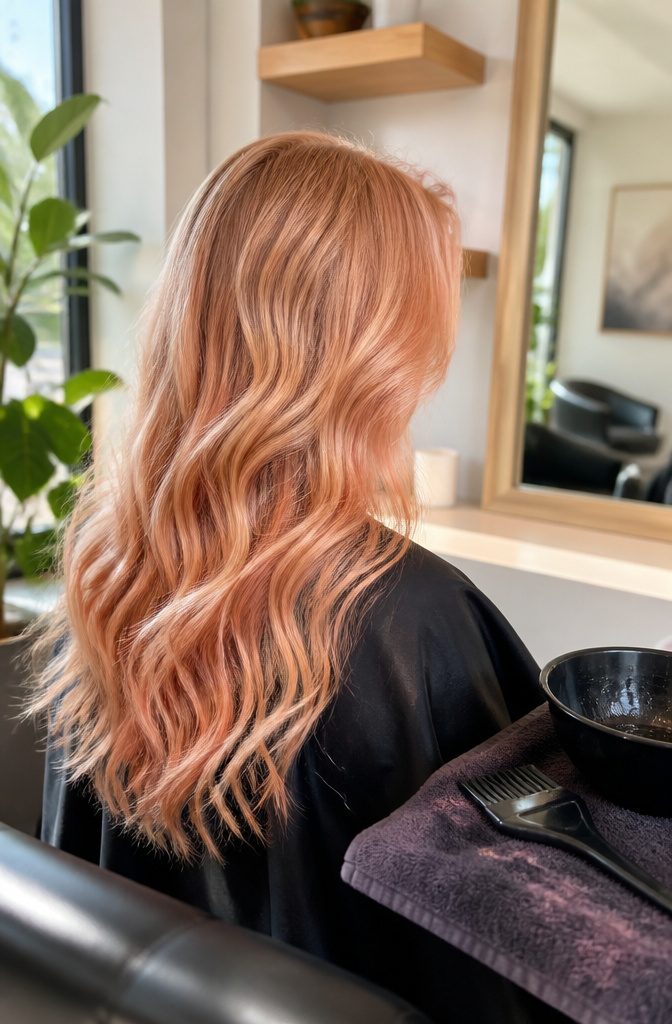 Strawberry blonde hair with copper and pinky peach tones