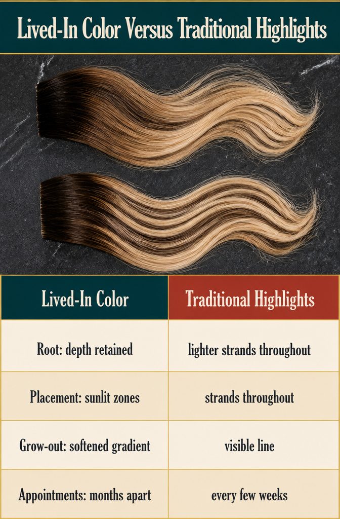 Comparison graphic showing lived-in color beside traditional highlighted hair
