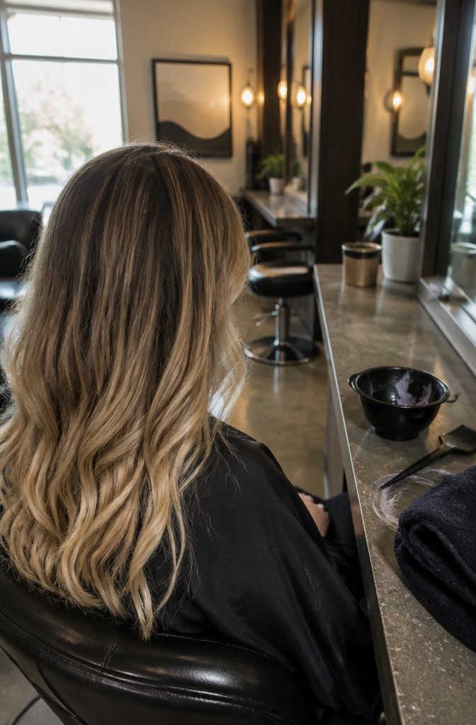 Hair with naturally grown darker roots and softly blended highlighted lengths