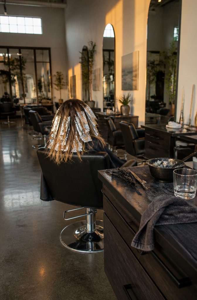 Stylist working through sectioned hair during a lived-in highlights appointment