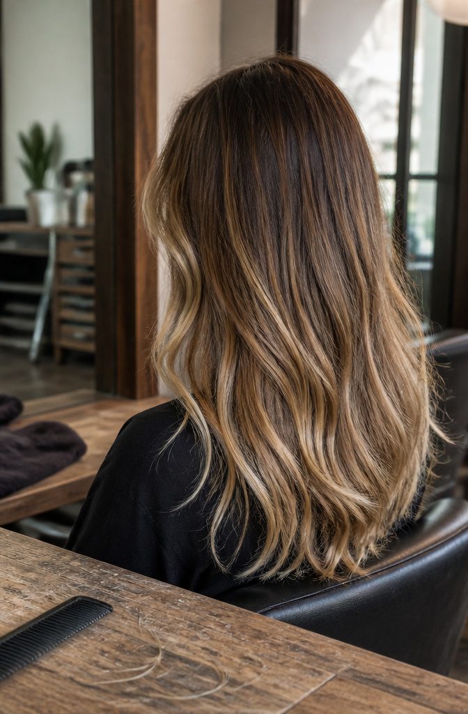 Hair with muted roots and lighter pieces around the face crown and ends