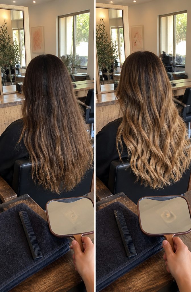 Straight wavy and curly hair with darker roots and golden highlights