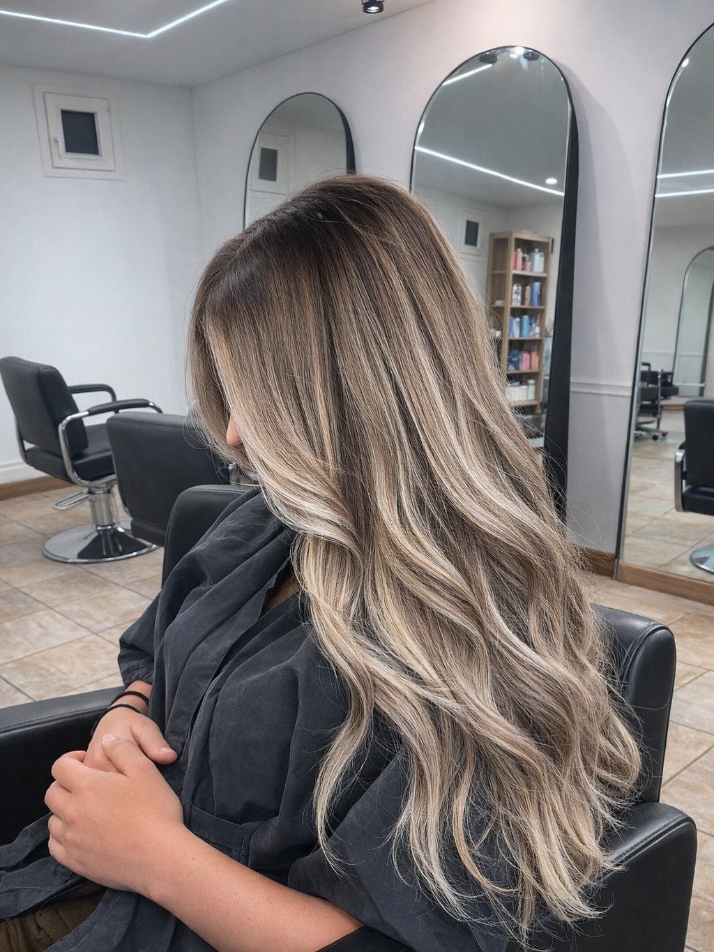 Long wavy brown hair with cool ash-blonde highlights drapes over a salon cape.