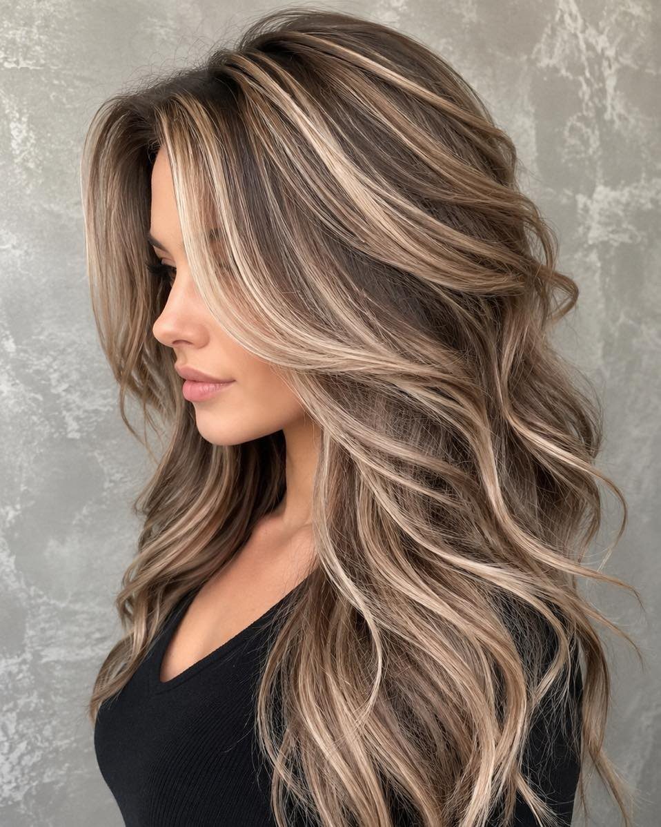Long brown waves with pale beige-blonde highlights frame a woman’s profile.
