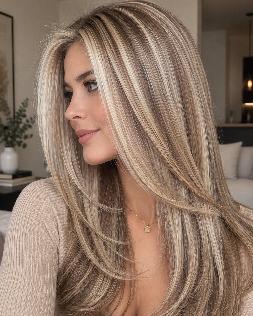 Long brown hair with fine blonde highlights falling in smooth layers over a beige top