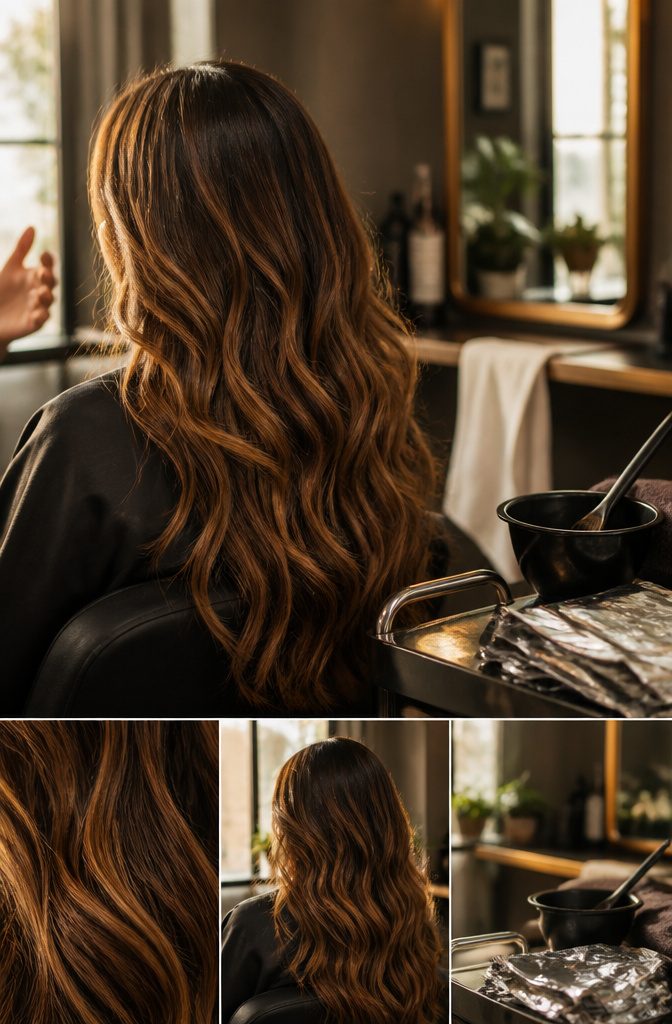 Chocolate brown hair with peachy caramel highlights around the face