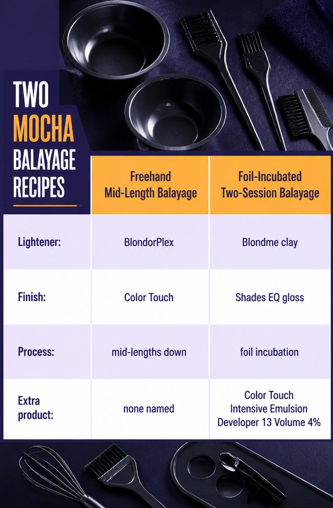 Two mocha balayage recipes with lightener and gloss product details