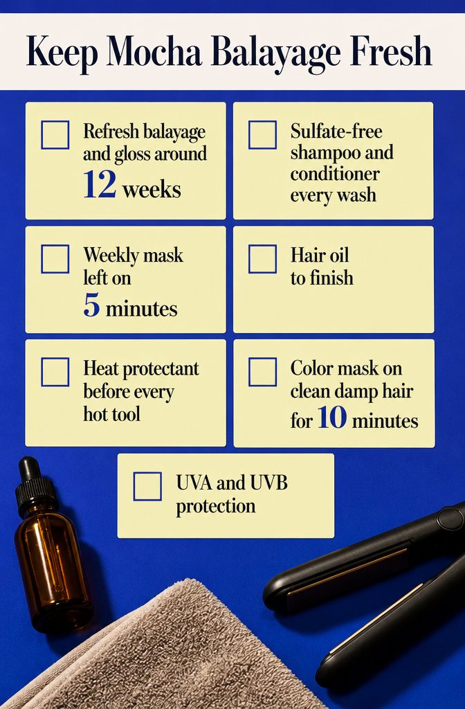 Mocha balayage maintenance guide with salon refresh and home care tips