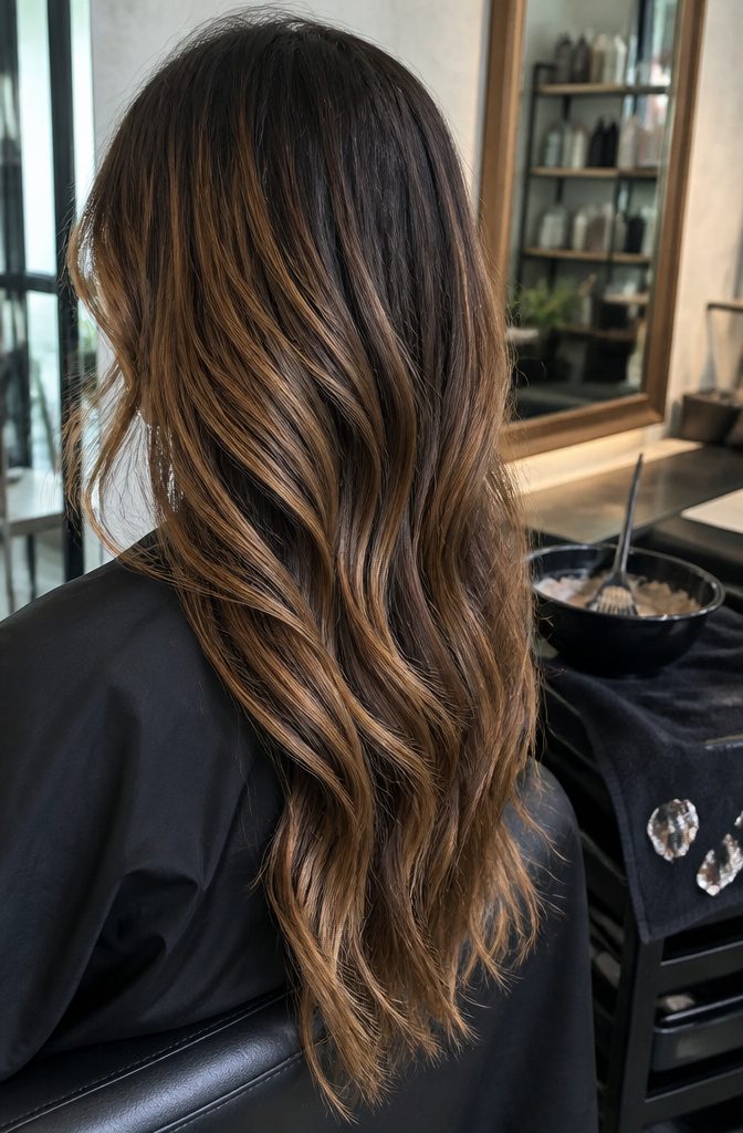 Mocha brown balayage with smoky highlights and lowlights