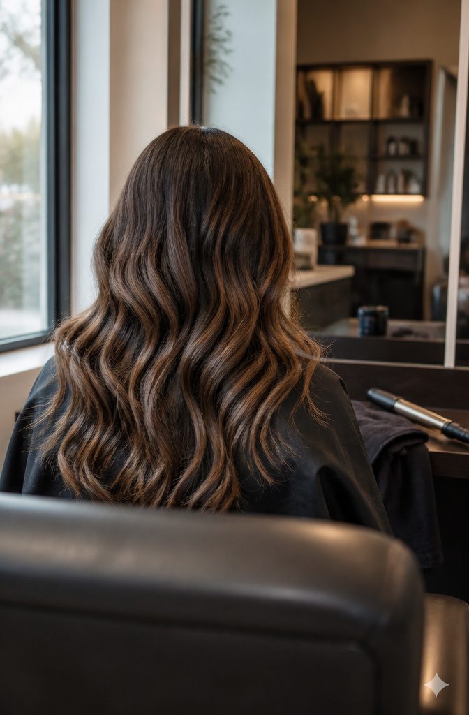 Loose mocha brown waves with lighter balayage pieces along the curves