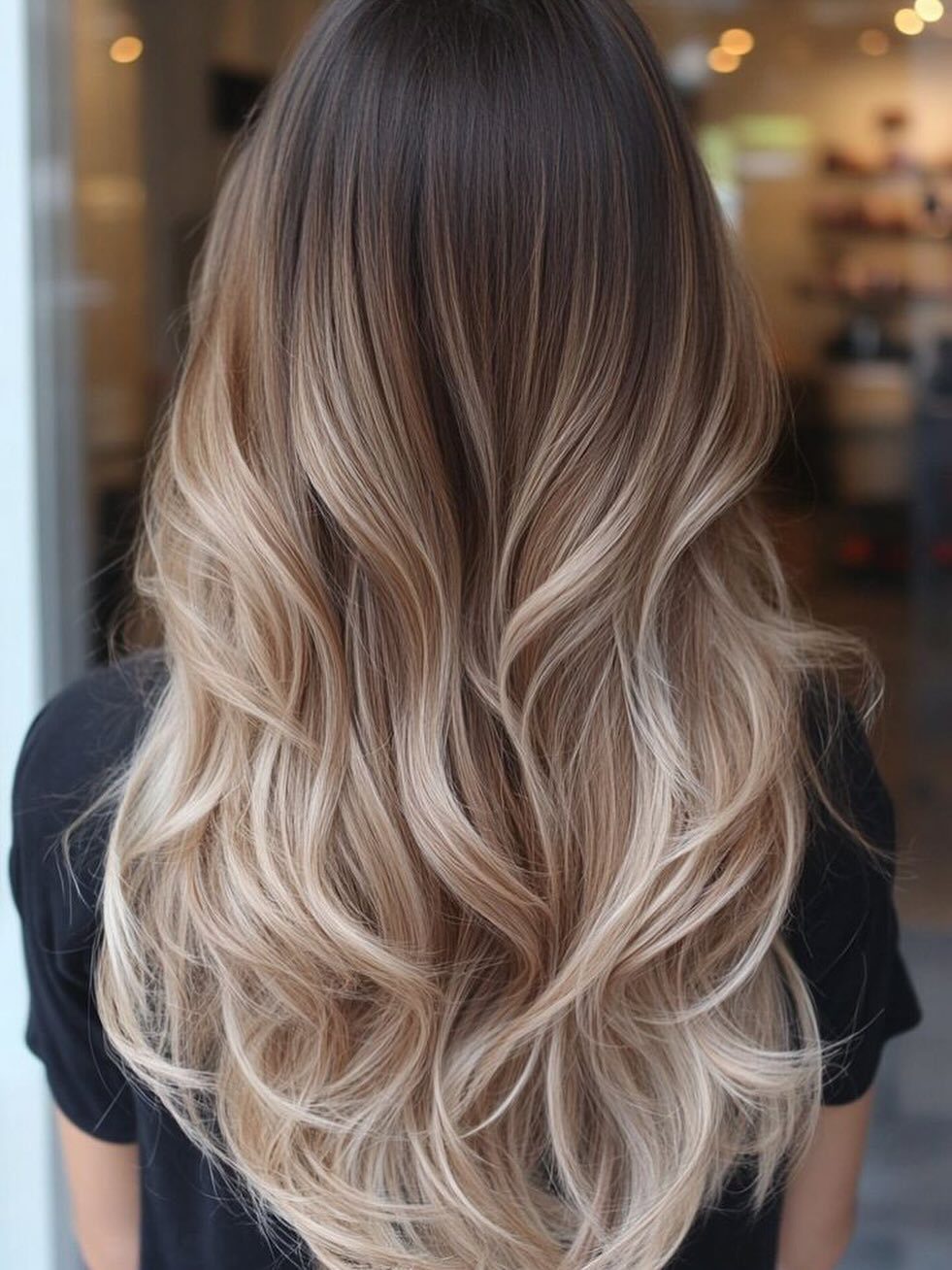 Long wavy hair transitions from dark roots to pale blonde ends