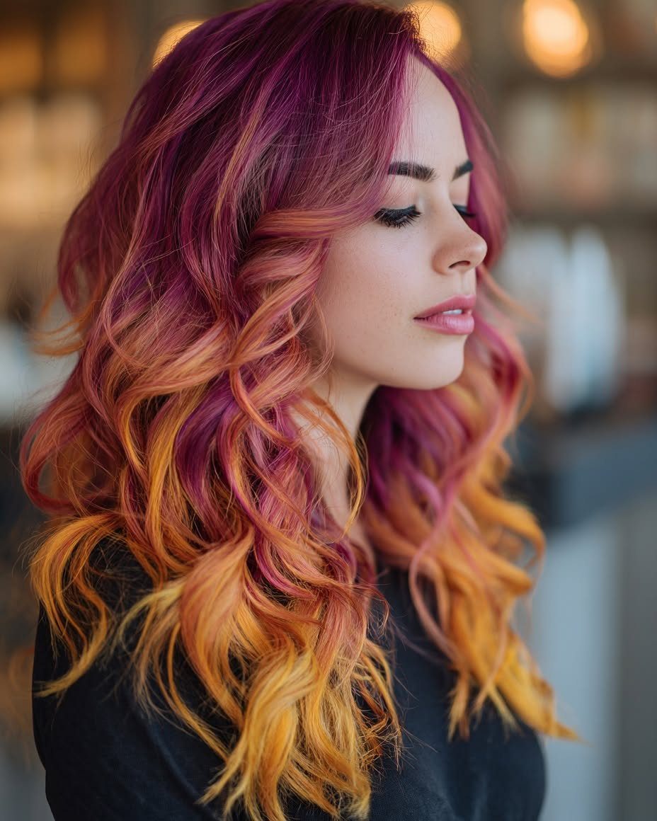 Woman with curled hair blending magenta, pink, and sunset orange shades