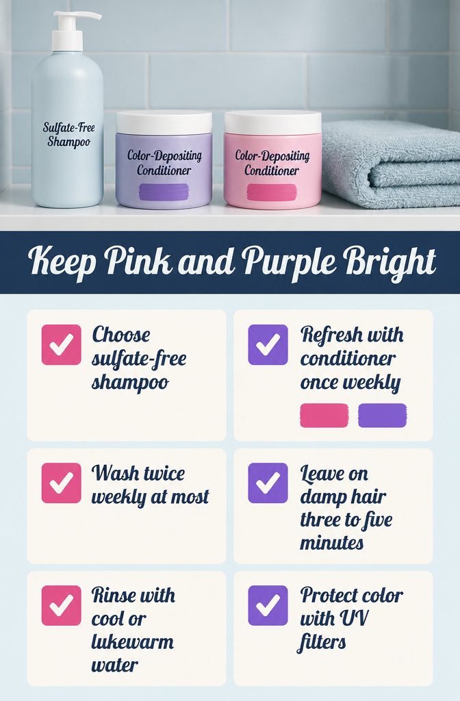 Hair color care graphic with conditioner and cool rinse tips for pink and purple