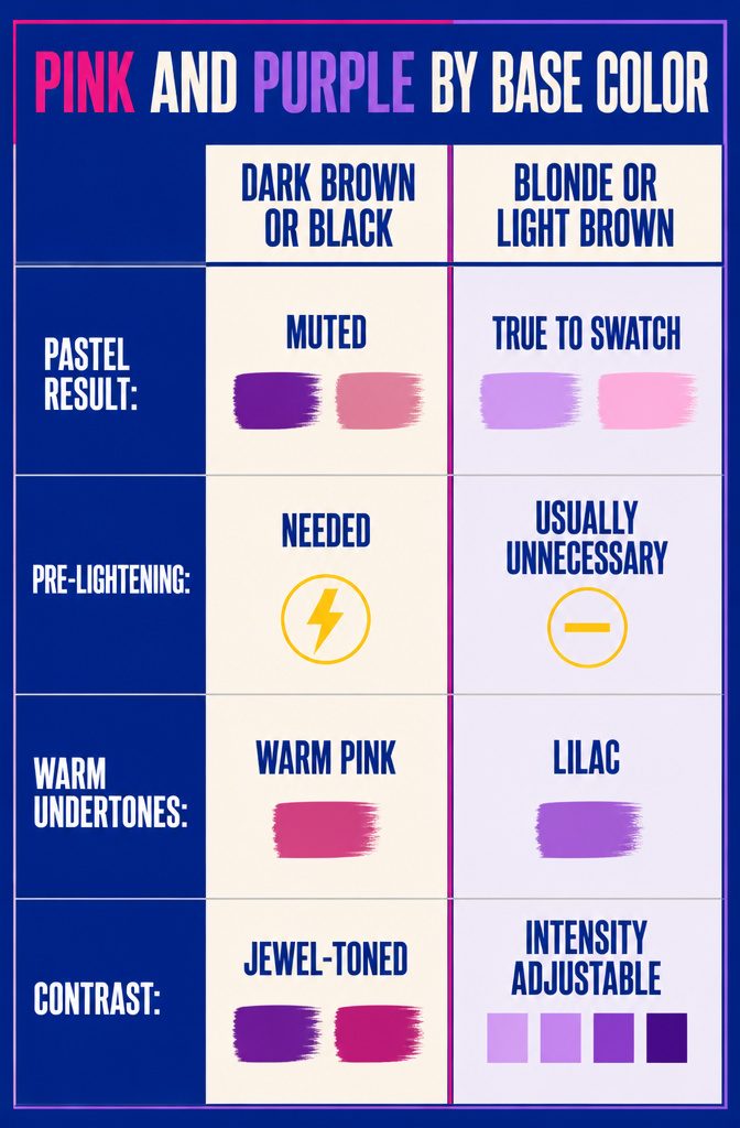 Pink and purple shade guide organized by dark brown black blonde and light brown bases