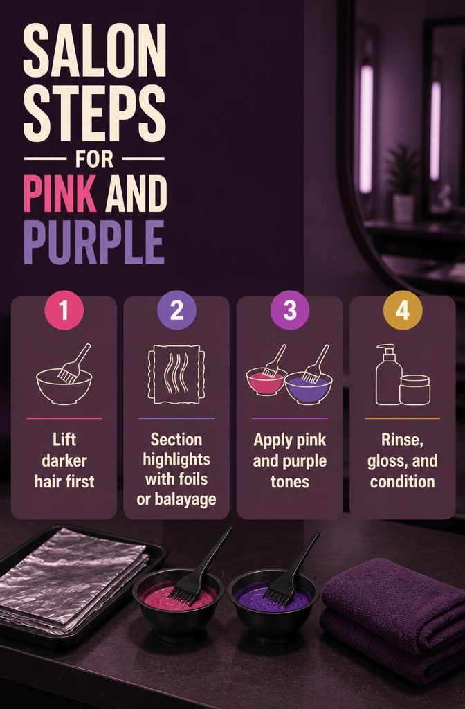 Salon step graphic showing foils and balayage for pink and purple highlights