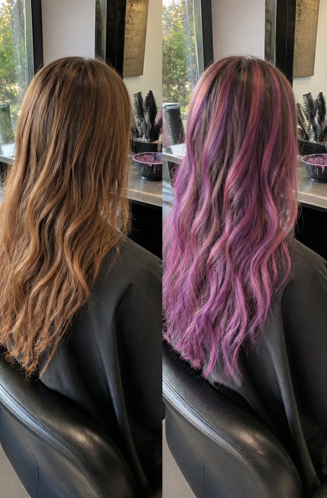 Hair with pink and purple highlight sections in contrasting cool tones