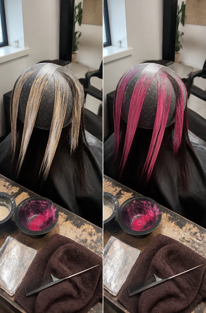 Hair with pink chunky highlights placed in distinct sections