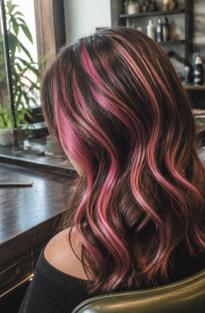 Hair with chunky pink highlights arranged in broad sections