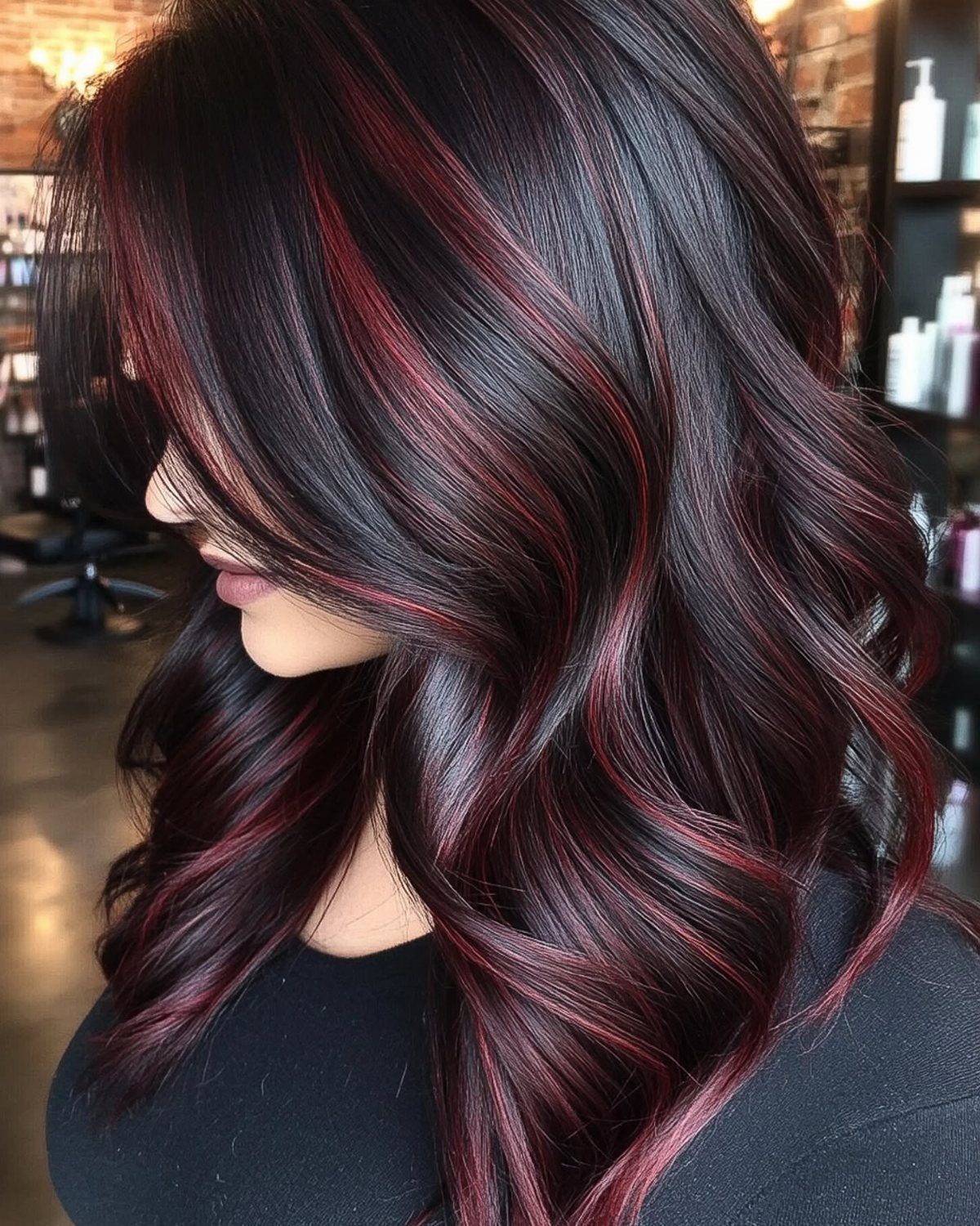 Black wavy hair with deep crimson streaks shown from behind in a salon
