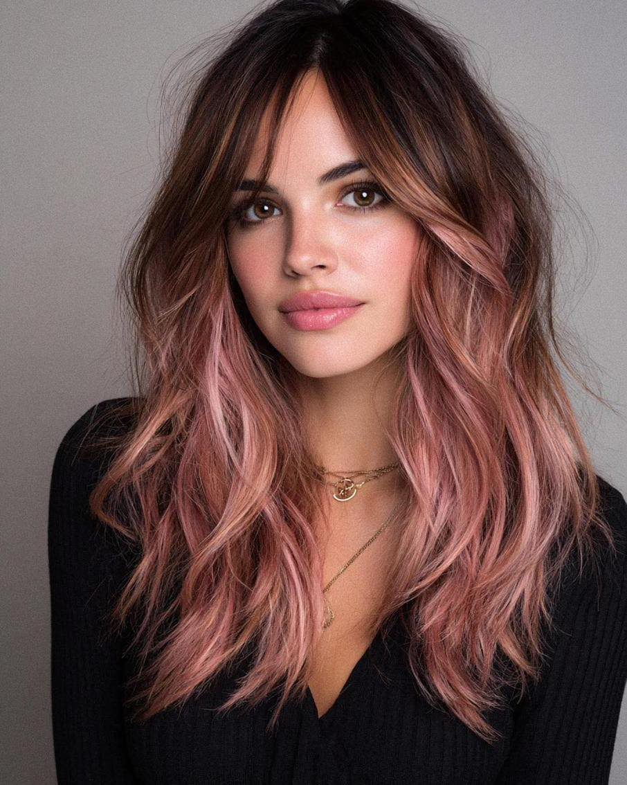 Woman with long wavy brown hair blended with dusty rose-pink highlights