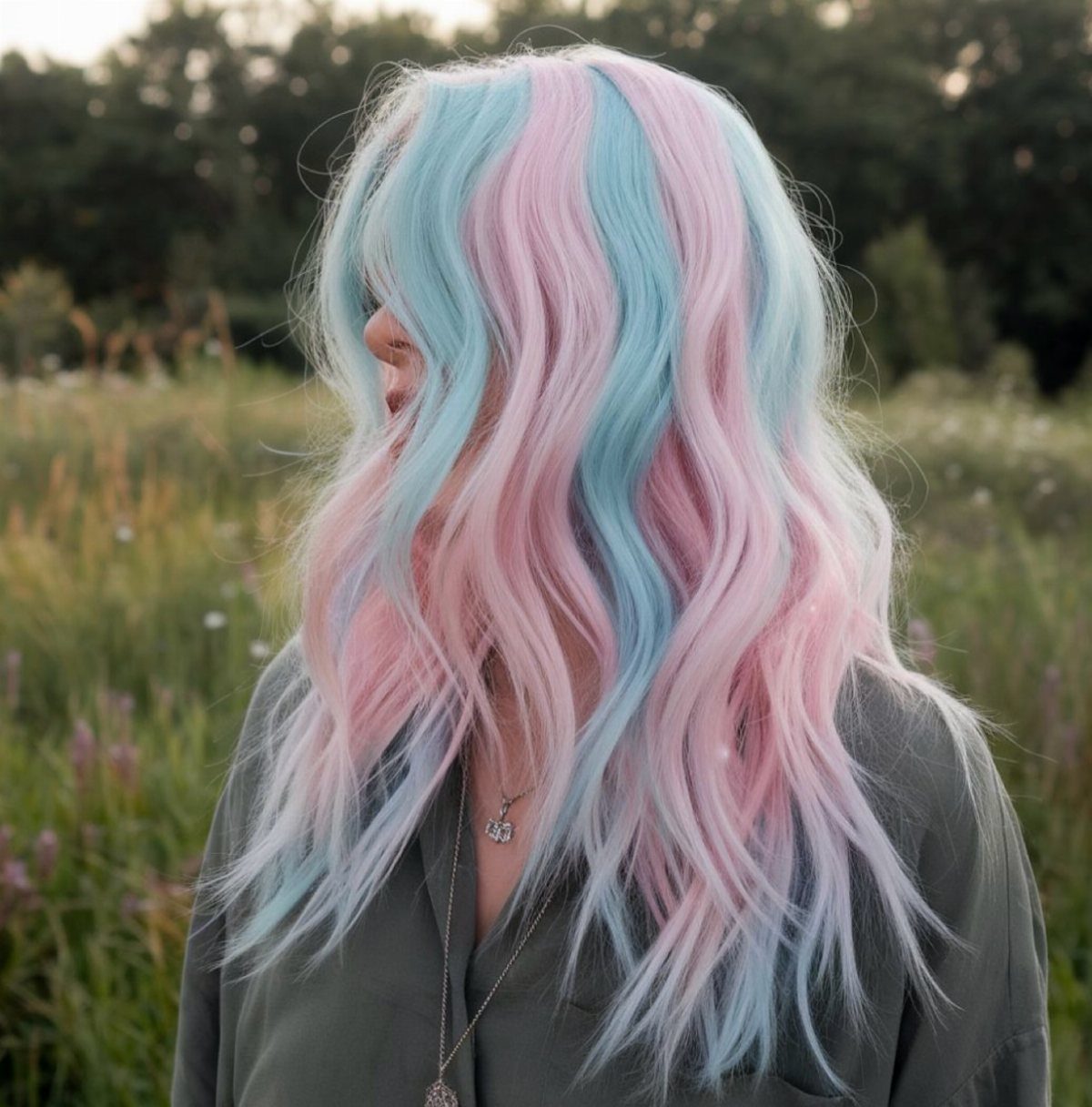 Long pastel pink and blue waves frame a person wearing a dark jacket