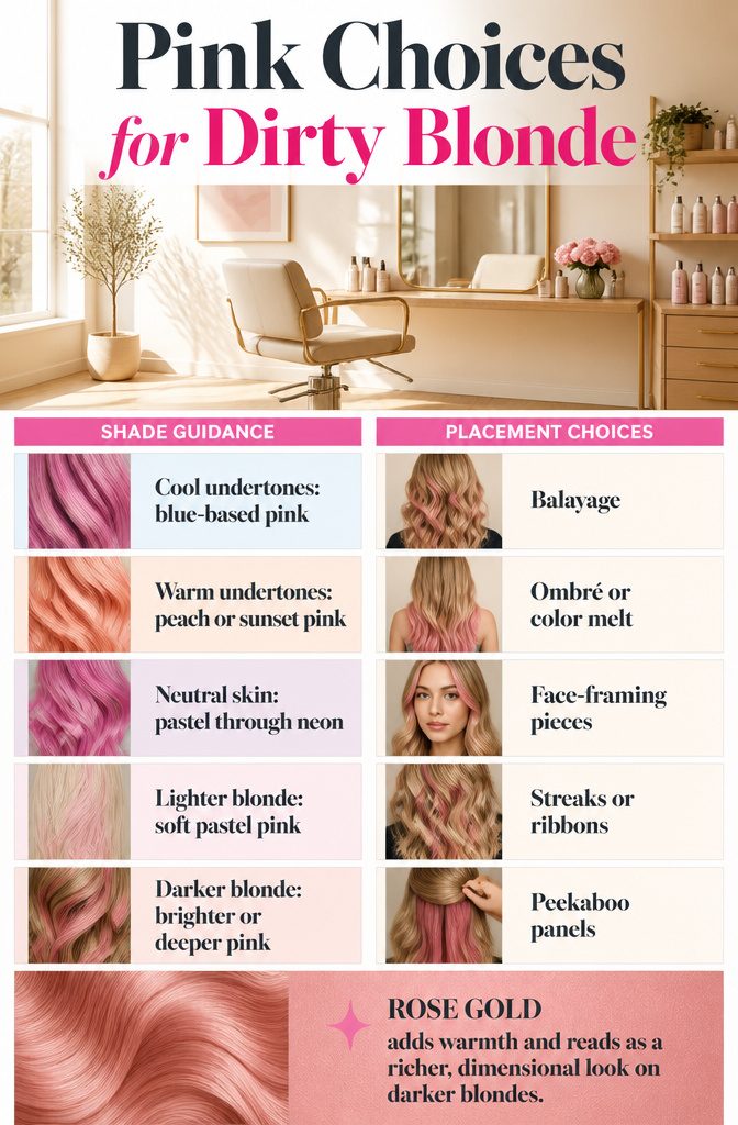 Beauty infographic titled Pink Choices for Dirty Blonde with shade and placement options