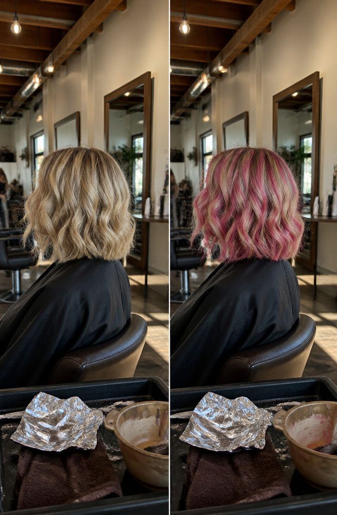 Dirty blonde hair with distinct chunky pink panels and blonde sections
