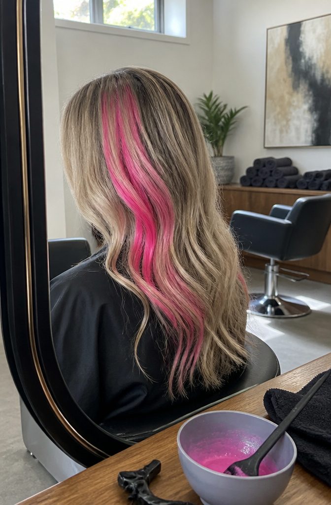 Dirty blonde hair with vivid hot pink streaks against an ashy base