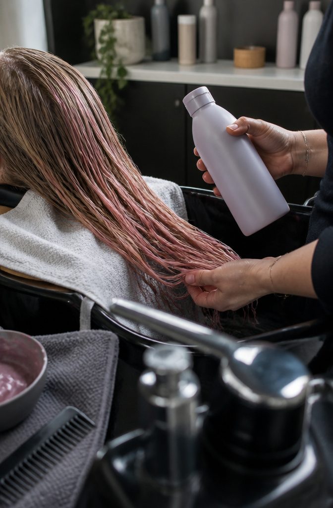 Damp hair with softened pink color over a dirty blonde base at a salon basin