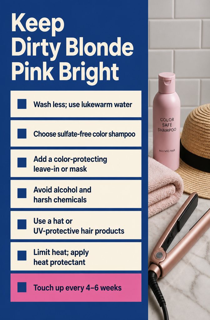 Beauty infographic titled Keep Dirty Blonde Pink Bright with hair care tips