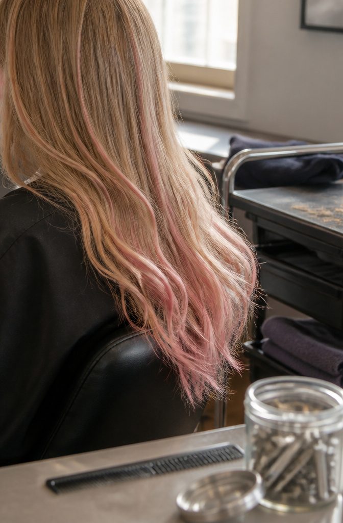 Dirty blonde hair with delicate pastel pink strands blended throughout