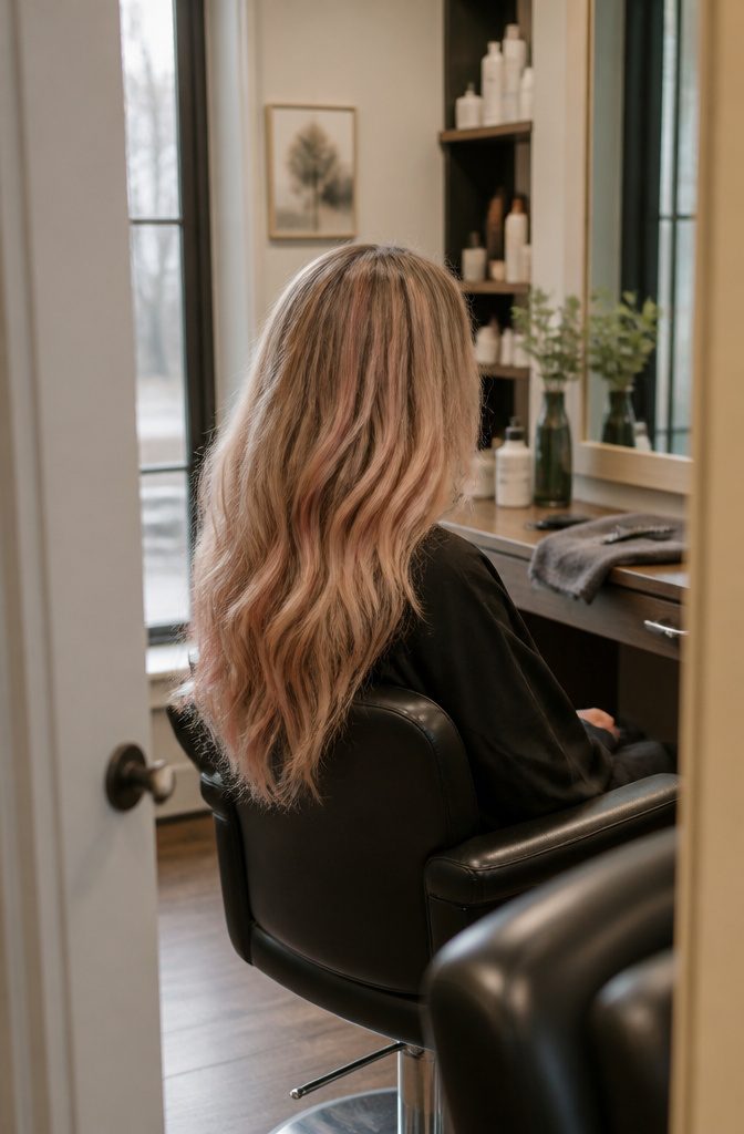 Long dirty blonde hair with a subtle all-over pastel pink tint